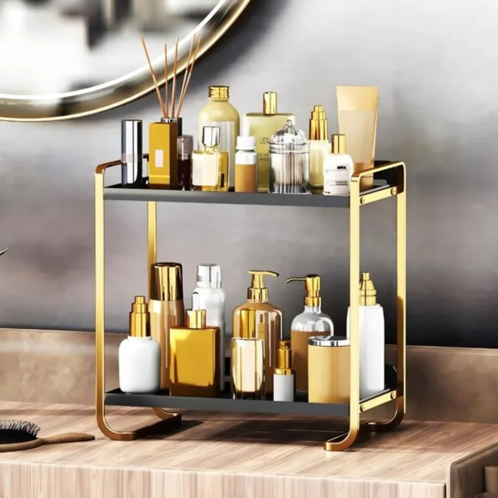 New 2-Tier Black & Gold Skincare Organizer Tray for Vanity & Room Decoration